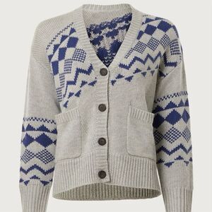 Derek Lam 10 Crosby Women's Fair Isle V-Neck Cardigan Sweater Size XS Blue Gray